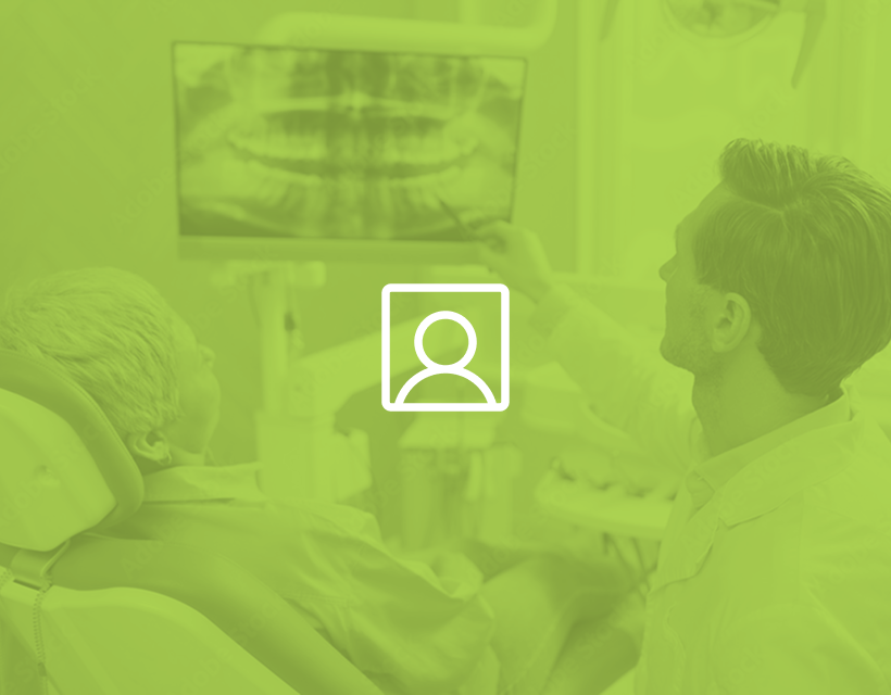 A user icon sitting on top of an image of a dentist consulting with a patient