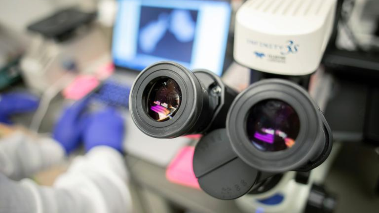 Close-up of a microscope in a lab