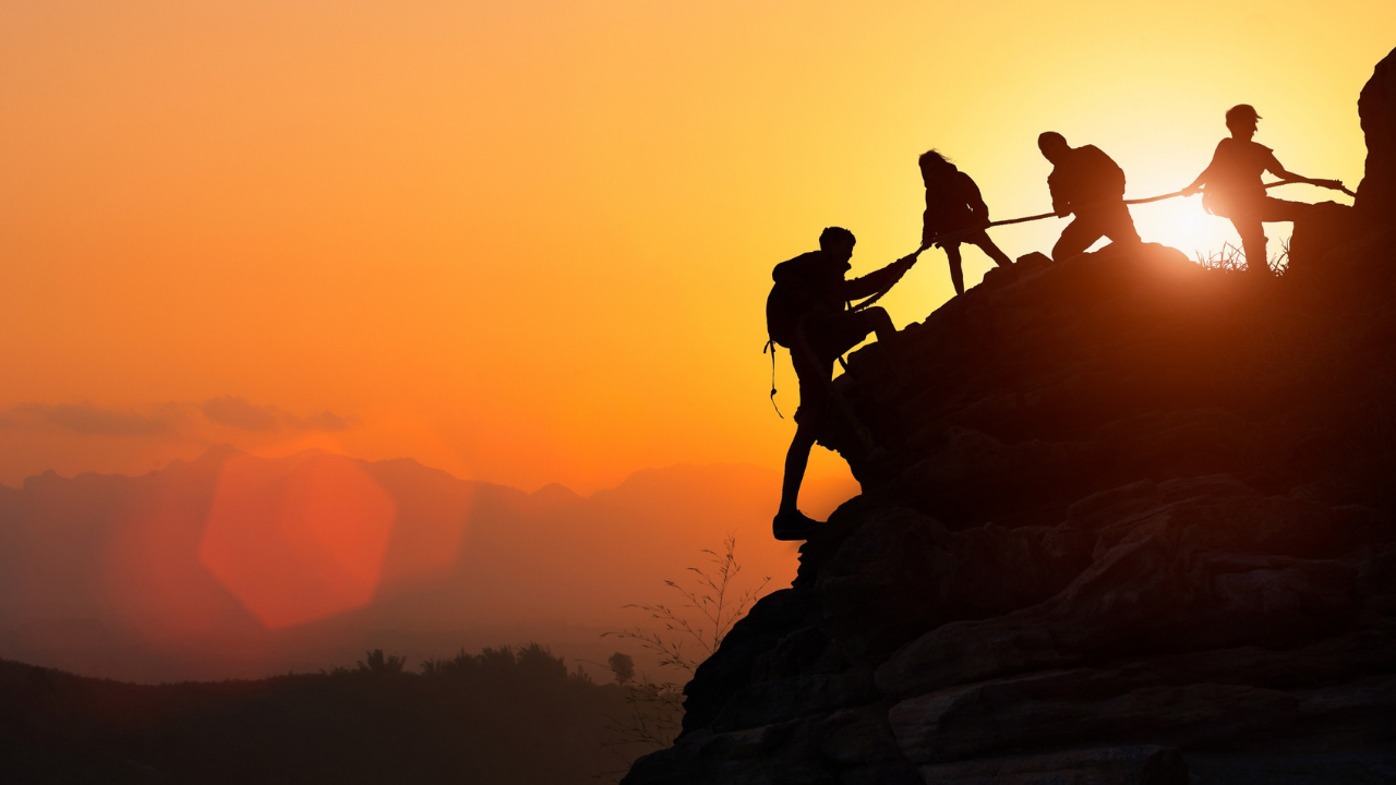 A group of people working together to scale a mountain