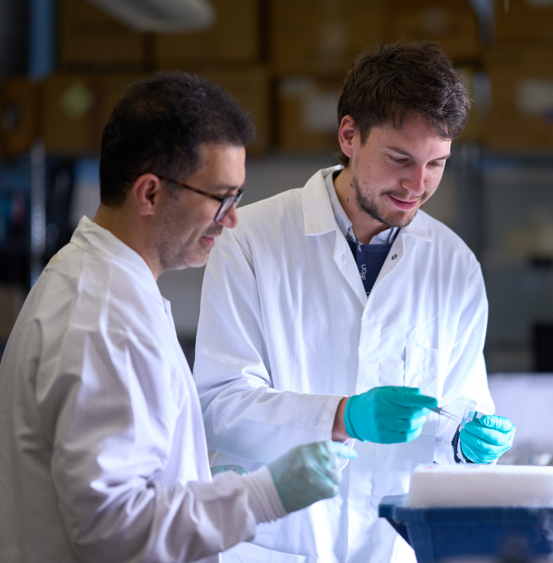 Researchers collaborating in the lab
