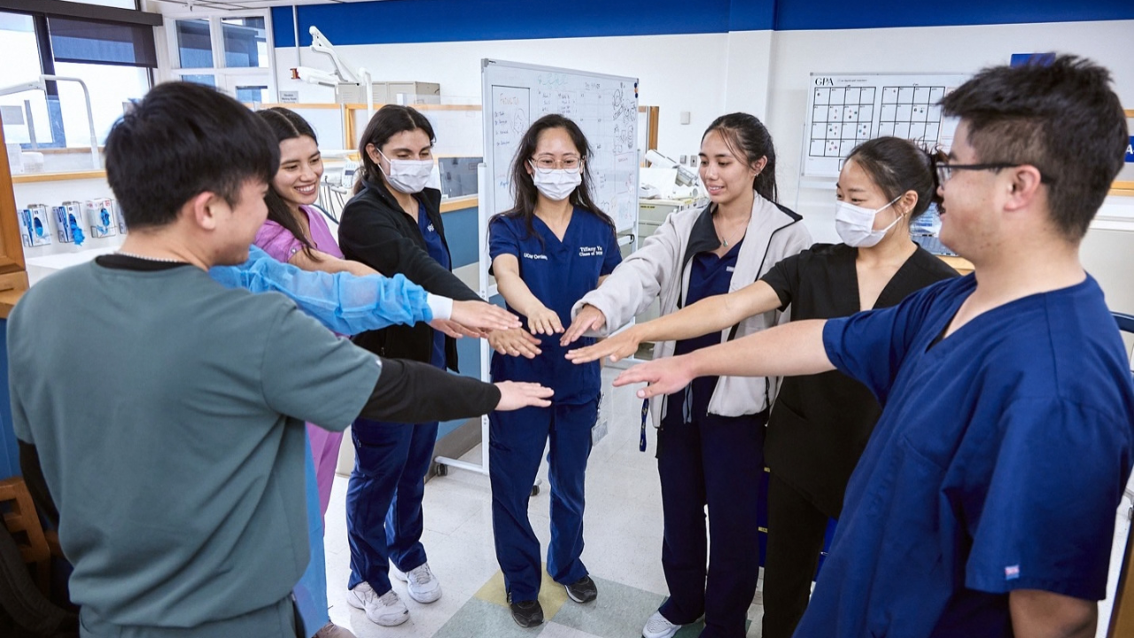 Volunteer faculty and student dentists have a huddle at the UCSF Community Dental Clinic
