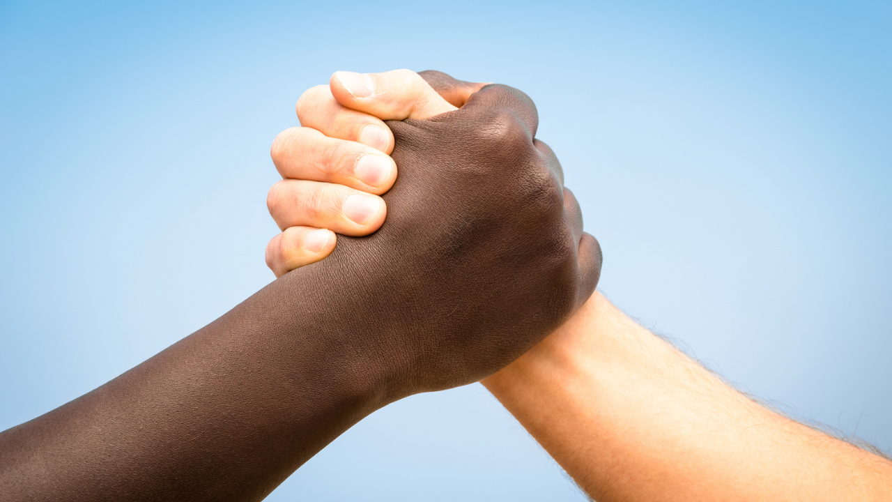 one hand with dark skin tone and one hand with a light skin tone clasped