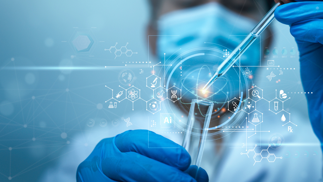 A researcher in the background with a test tube. In focus in the foreground are illustrated symbols of science