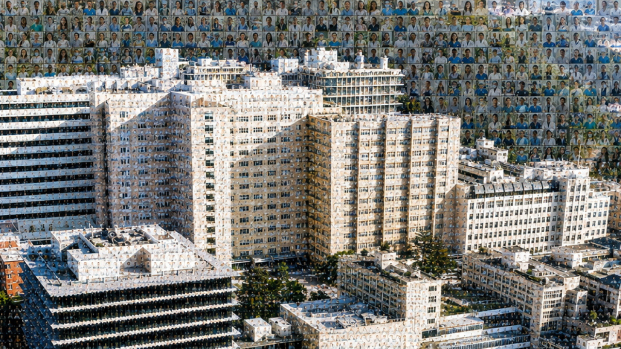 aerial view of the Parnassus campus in a photomosaic style