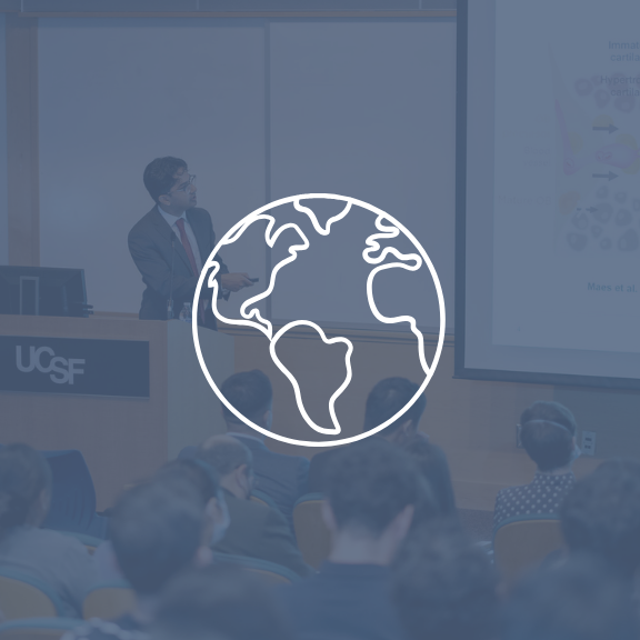 a globe icon over a photo of a DDS student presenting at a conference