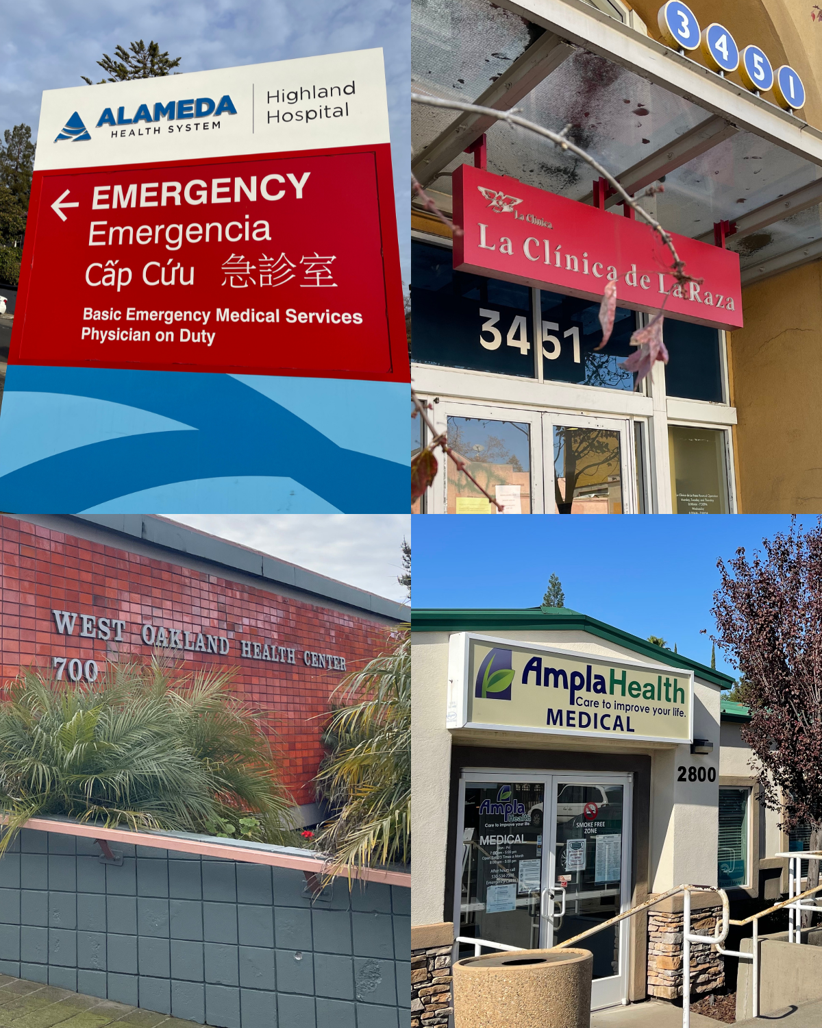 Collage of four images showing the exterior of four externship sites at Highland Hospital, La Clinica de La Raza, West Oakland Health Center, and Ampla Health