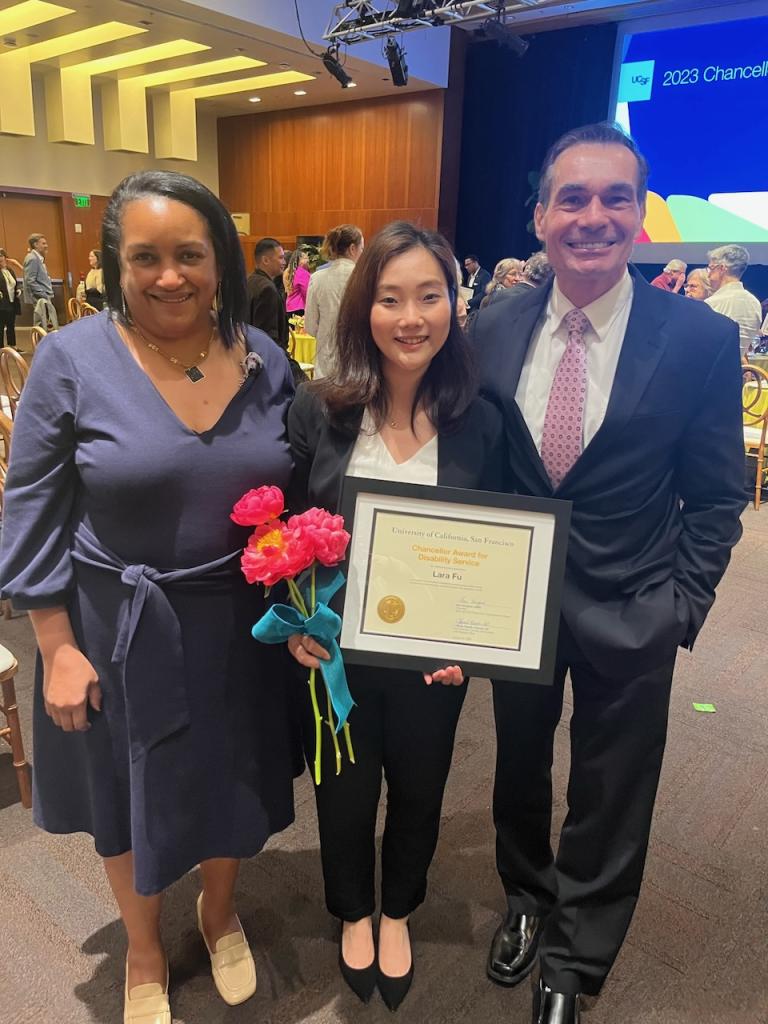 Lara with Dean Michael Reddy and Associate Dean of Administration and Finance Eunice Stephens after receiving the 2023 Chancellor Award for Disability Service