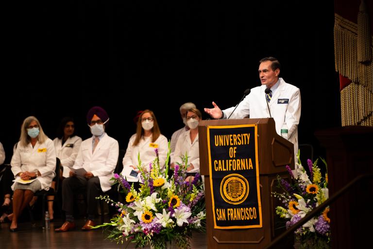 Dean Reddy speaking at UCSF's White Coat Ceremony