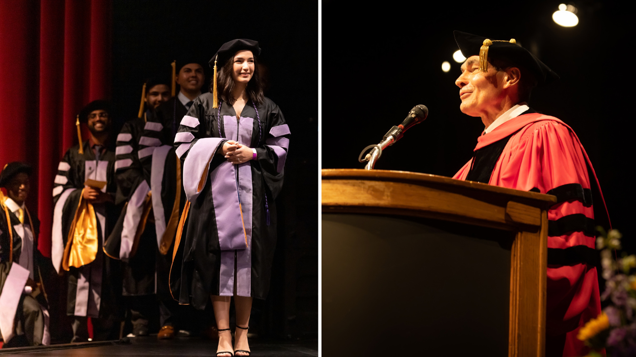 DDS graduates wait in line backstage on the left and Dean Mike Reddy gives the commencement address on the right