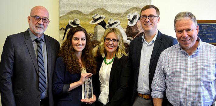 L-R: Dean John D.B. Featherstone; D2 student Bronwyn Hagan; Kirsten Drucker, Dentsply Sirona; Jeffrey Bush, PhD; Thomas Lang, PhD, associate dean for research