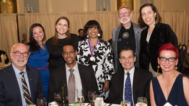 Front: Drs. John D.B. Featherstone (left), dean emeritus; Mark Kirkland, interim dean; Michael Reddy, incoming dean; Sara Hughes, associate dean for education and student affairs. Rear: Michelle Lacues, Dental Alumni Association president; Biana Roykh, interim associate dean, clinical affairs; Pamela Alston '82; Russell Newell '63; Elsbeth Kalenderian, department chair, Preventive and Restorative Dental Sciences. Photos by Elisabeth Fall