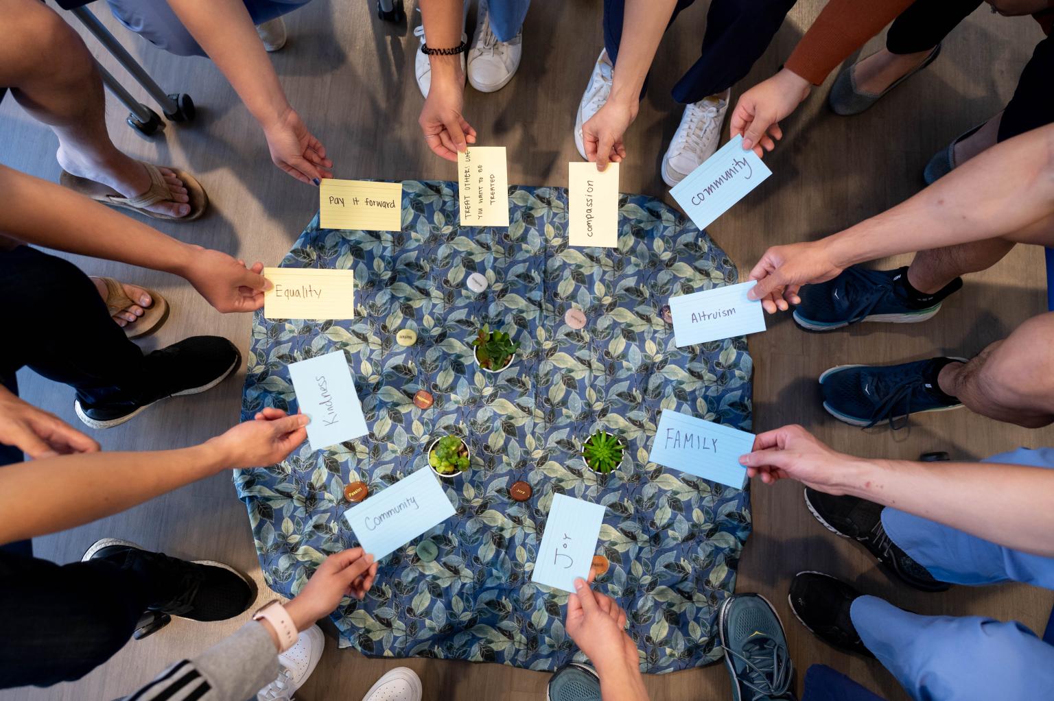 Students share one-word descriptions of what peace means to them in a Restorative Justice Circle exercise meant to build connection and community, a program offered by the UCSF Office of Student Life that’s been online during COVID, and in-person for the first time at the UCSF Student Success Center, at the Parnassus Heights campus.